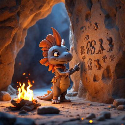 The primary subject of the image is a cartoon dinosaur, specifically a dragon, standing in a cave. The setting is a rocky environment, with the dinosaur surrounded by various rocks. The visual style is digital art, as the image appears to be a digital illustration or drawing. The colors and mood of the image are predominantly dark and moody, with the dragon being the main focus of the scene.